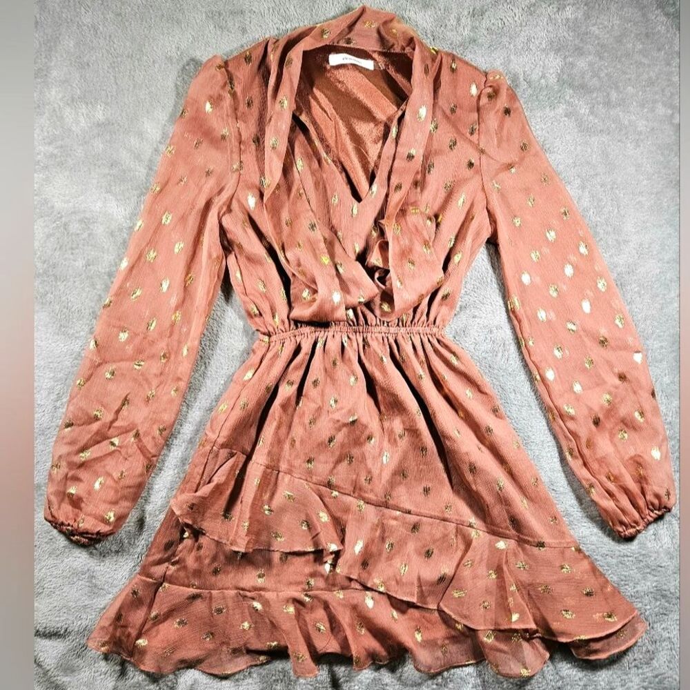 Idem Ditto Womens Elegant Brown Dress with Neck Tie, Gold Accents Size Small